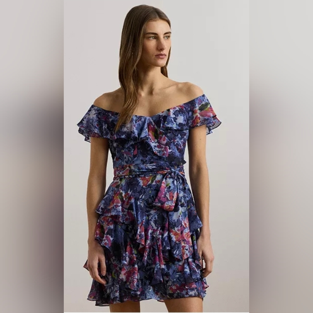 NWT Lauren Ralph Lauren Blue Floral Ruffle Dress Size 6 MSRP $225